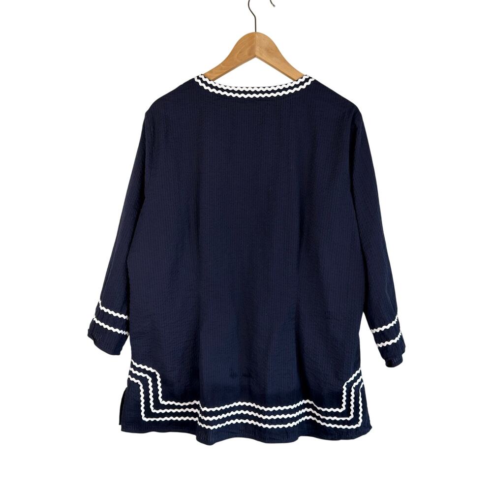 Talbots Plus Size Navy Textured Tunic Top 1X White Ric Rac Trim Coastal EUC - Picture 2 of 7
